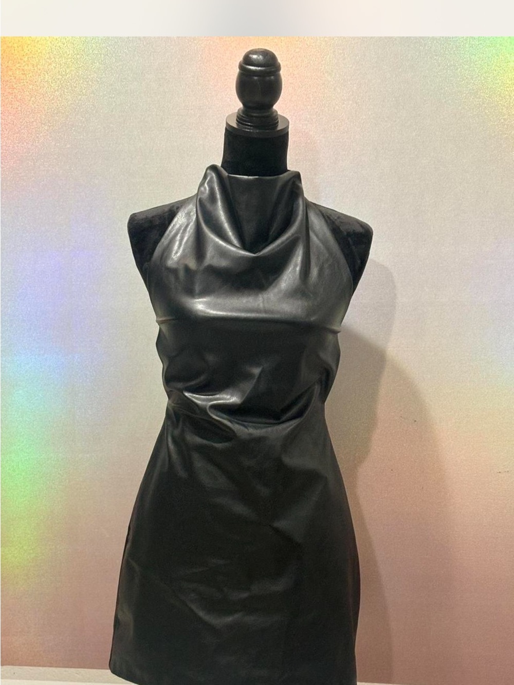 Zara Black Sleeveless Faux Leather Cowl Neck Mini Dress